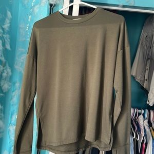 olive green sweatshirt, light weight, very warm, very comfy , soft.